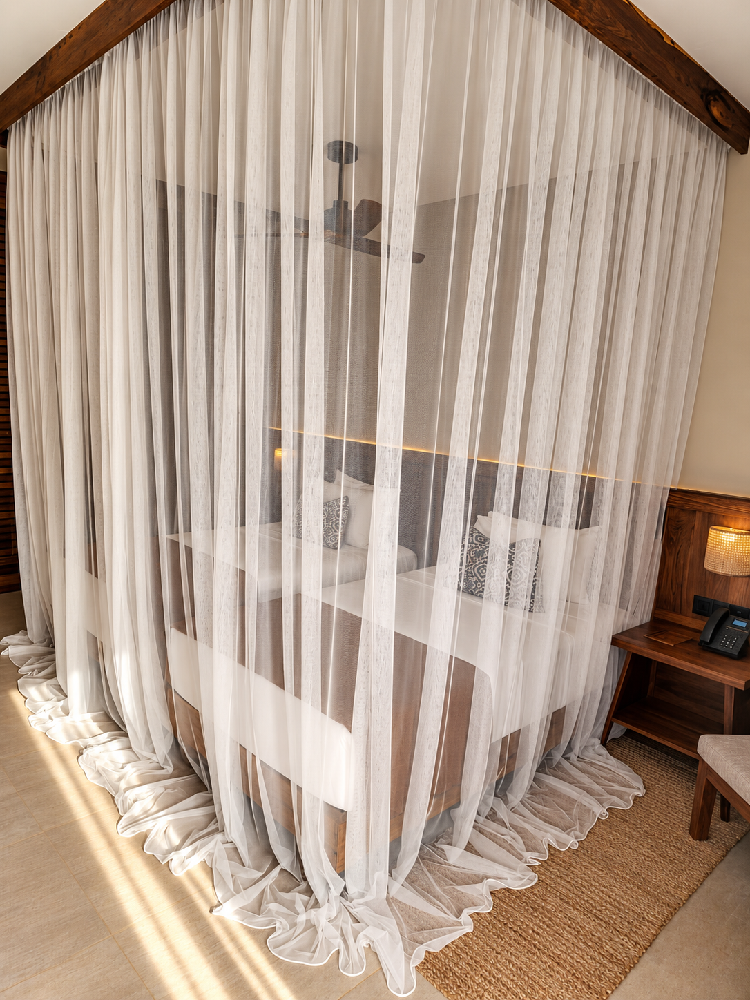 Hotel room curtains and furniture